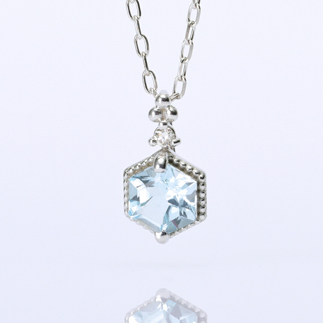 ネックレス K10ホワイトゴールド ブルートパーズ ダイヤモンド0.006ct (ミル打ち)(ヘキサゴンカット)(11月誕生石)[0921211202]